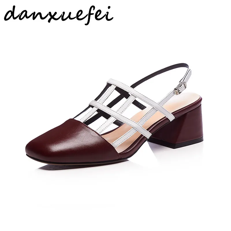 

Plus size women's genuine leather cage patchwork slip-on sandals brand designer square toe summer comfortable gladiator shoes