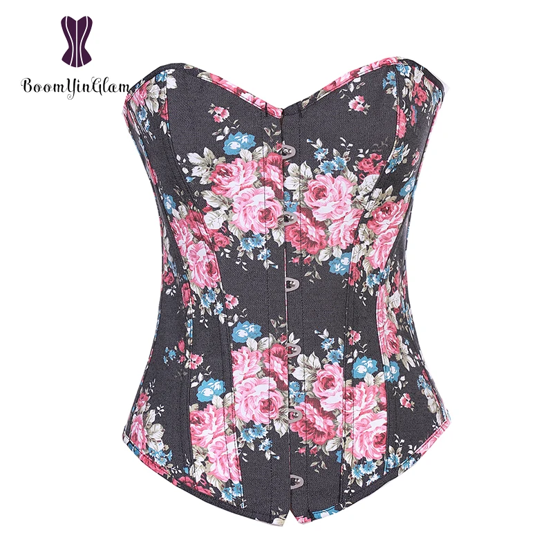 

Black/Blue Color Fashion Cowgirl Style Denim Jean Fabric Flower Pattern Overbust Corset Top Women Bustiers Size S-XXL 858#