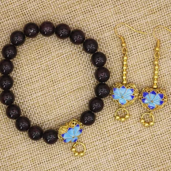 

Gold-color cloisonne natural garnet stone round 8mm beads strand bracelets earrings women high grade jewelry set 7.5inch B3103