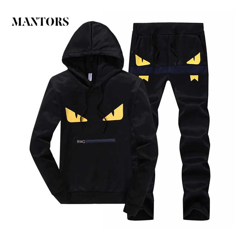 Men Casual Set Sportswear 2018 Autumn Hooded Sweatshirts Sporting Suits Male Solid Tracksuit Pattern Printed Hoodies+Pants 2PCS