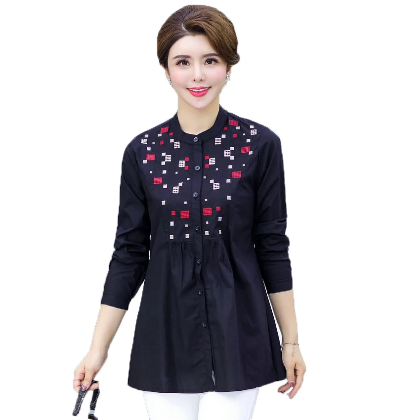 Women Plaid Stitchwork Tunic Gray Black Peplum Blouse Woman Casual Cotton Tops Plus Size Shirt Lady Embroidery Peasant Blouse XL Blouses