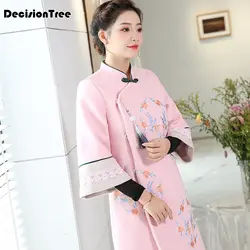 Новинка 2019 года длинный рукав цветок вышивка cheongsam платья для женщин Длинные Розовый Хлопок qipao Топ для Традиционный китайский свадеб