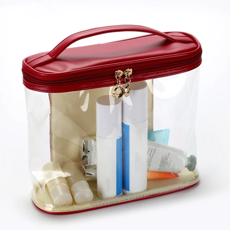 

New Wine Red Transparent Waterproof PVC Women Travel Cosmetic Bag Fashion Portable Zipper Makeup Organizer Tote Case Bag