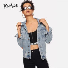 ROMWE/рваная джинсовая куртка с отбеливателем, синяя модная женская Повседневная Верхняя одежда с длинными рукавами на весну и осень
