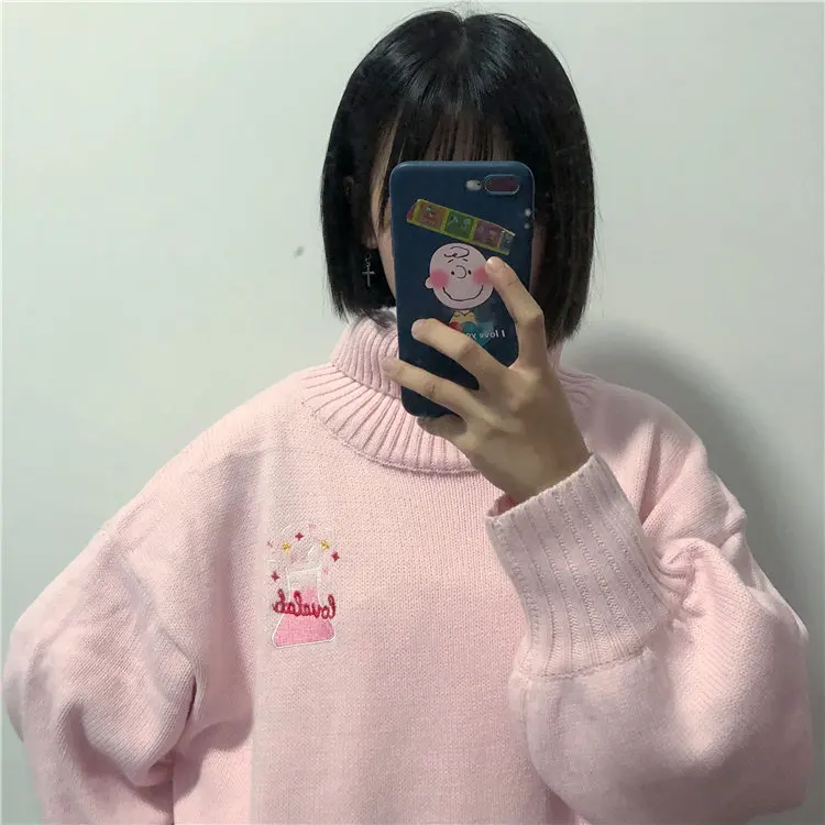 Kawaii мультфильм вышивка розовый водолазка Лолита зима осень свободный свитер корейский негабаритных пуловер Harajuku вязаный Топ Мода