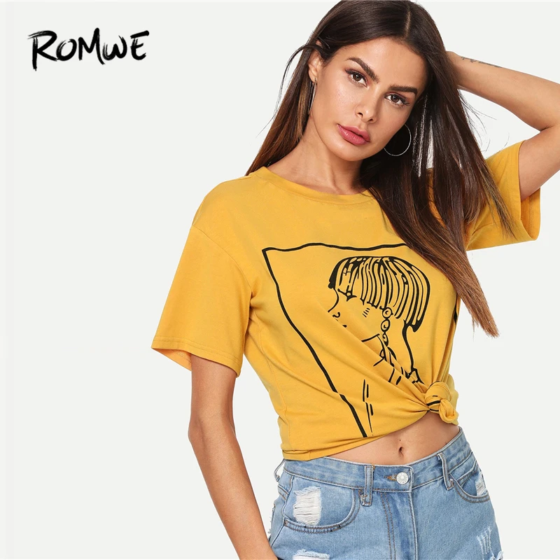 

ROMWE Figure Print Drop Shoulder Tee 2019 New Style Ginger Short Sleeve Round Neck Tees Glamorous Women Summer T Shirt