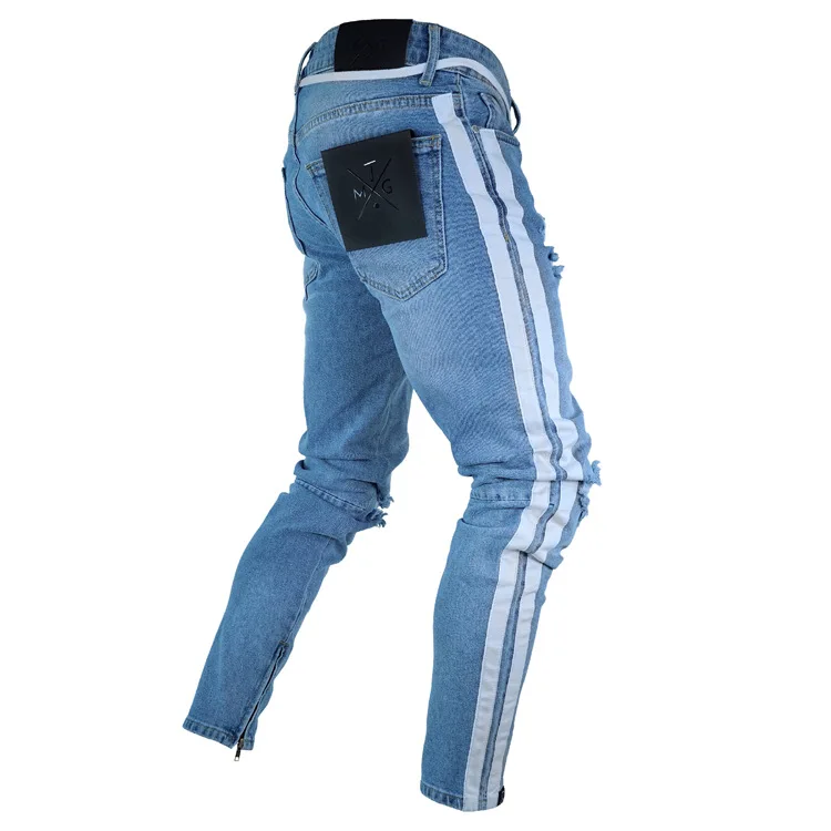Джинсы для мужчин длинные 2019 мужские модные весенние рваные джинсы тонкие узкие брюки в белую полоску
