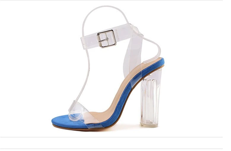 JIANBUDAN/ Transparent sexy High heel sandals women's summer office shoes Ankle buckle Open Toe Pumps 10cm Round Heels sandals