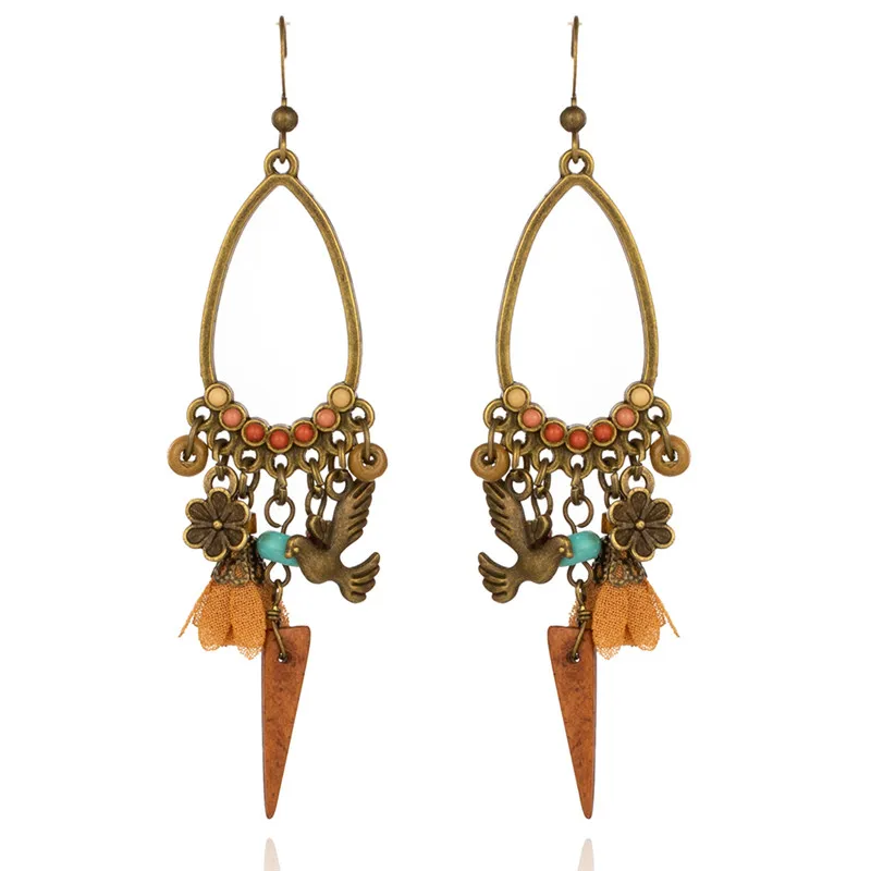 Bohemia Hollow flower Long Dangle Earring for women Vintage Long tassel Crystal Wood bird Women's earrings jewelry - Окраска металла: E021593