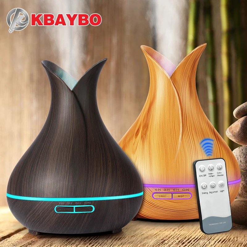 KBAYBO 400ml Air Diffuser Electric Aroma Essential Oil Diffuser Ultrasonic Air Humidifier Wood Remote Control Mistmaker
