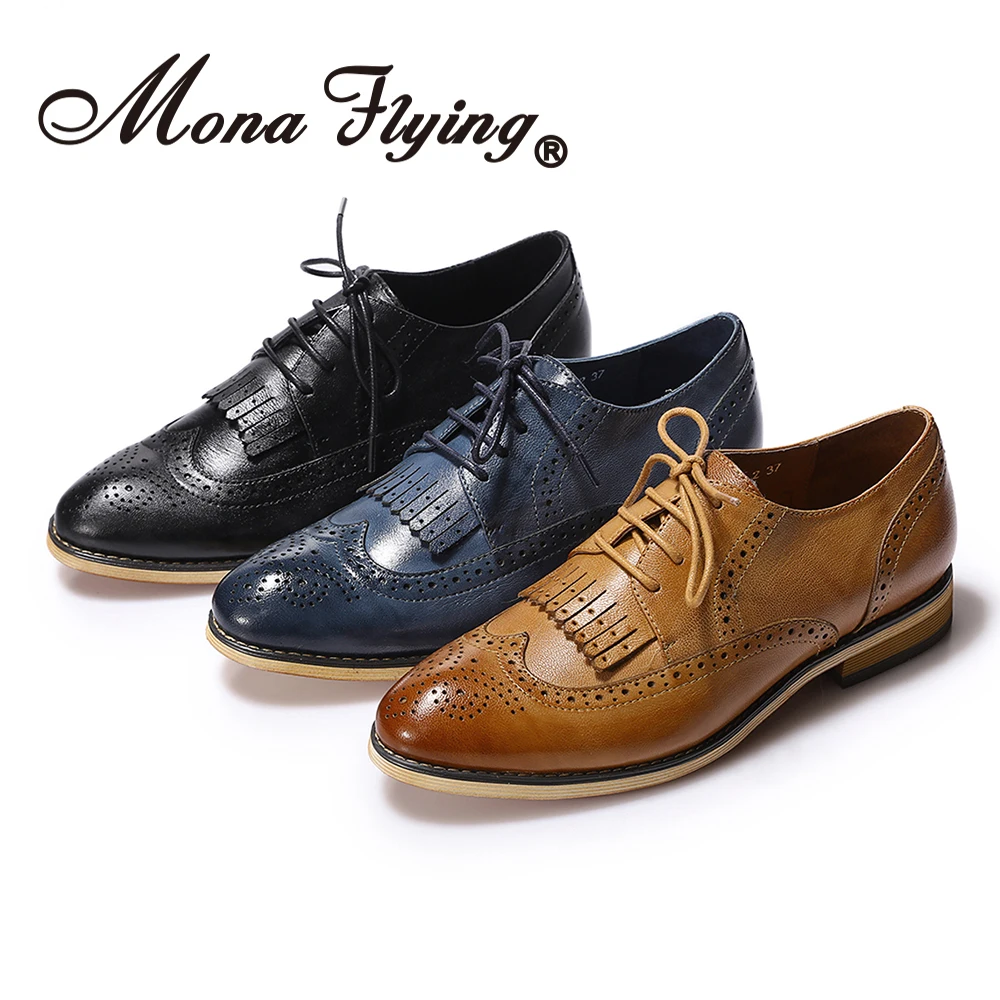 

Mona Flying Women's Wingtip Oxfords Hand-made Leather Perforated Brogue Derby Casual Flat Lace up Shoes for Ladies B098-2