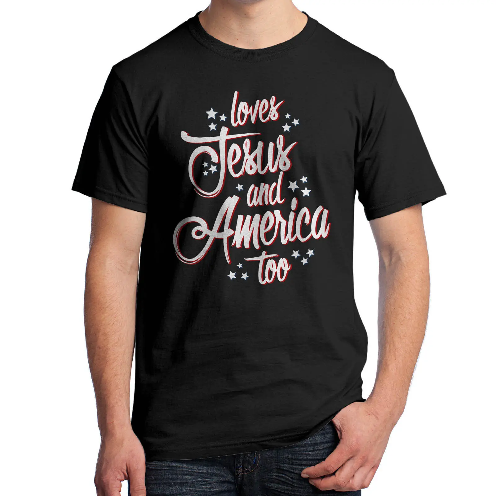 

Free Shipping Men's Pure Cotton America T-Shirt Loves Jesus and America Too 4th of July Merica Proud Printed T-shirt size S-3XL