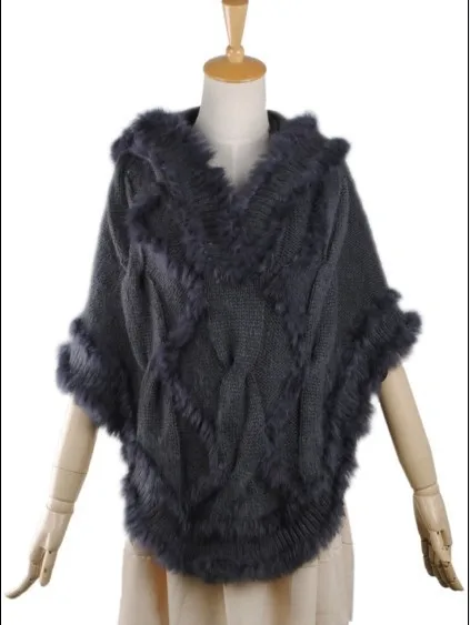 Женское пальто с кроличьим мехом, вязаная куртка из натурального кроличьего меха, шлейф пончо с капюшоном,, розничная, Новинка - Цвет: Темно-серый