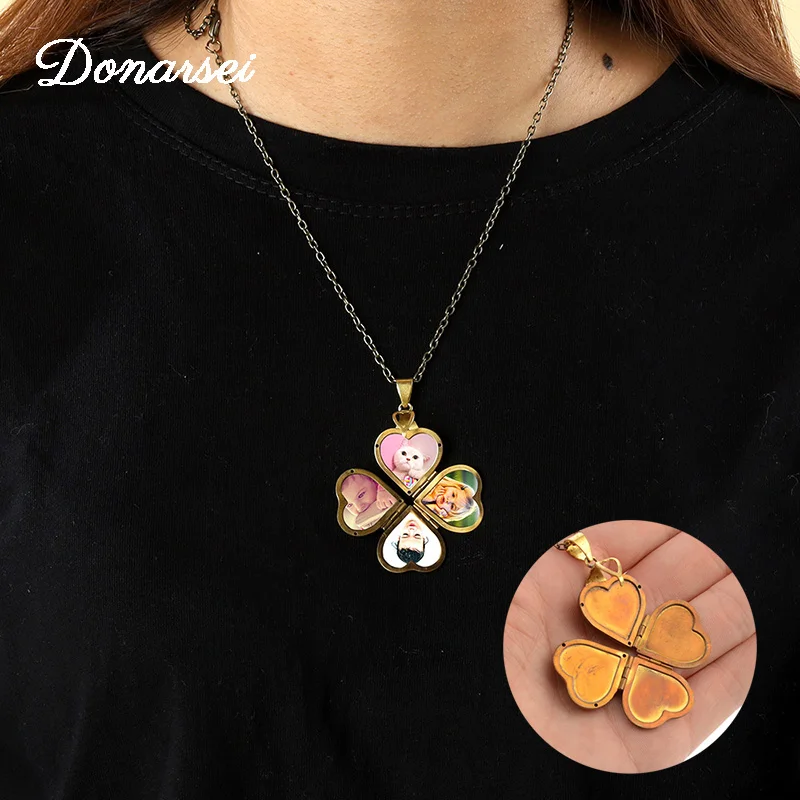 

Donarsei Magic Four-leaf Clover Expanding Photo Locket Necklace For Women Creative Heart Album Box Memory Pendant Necklace Gift