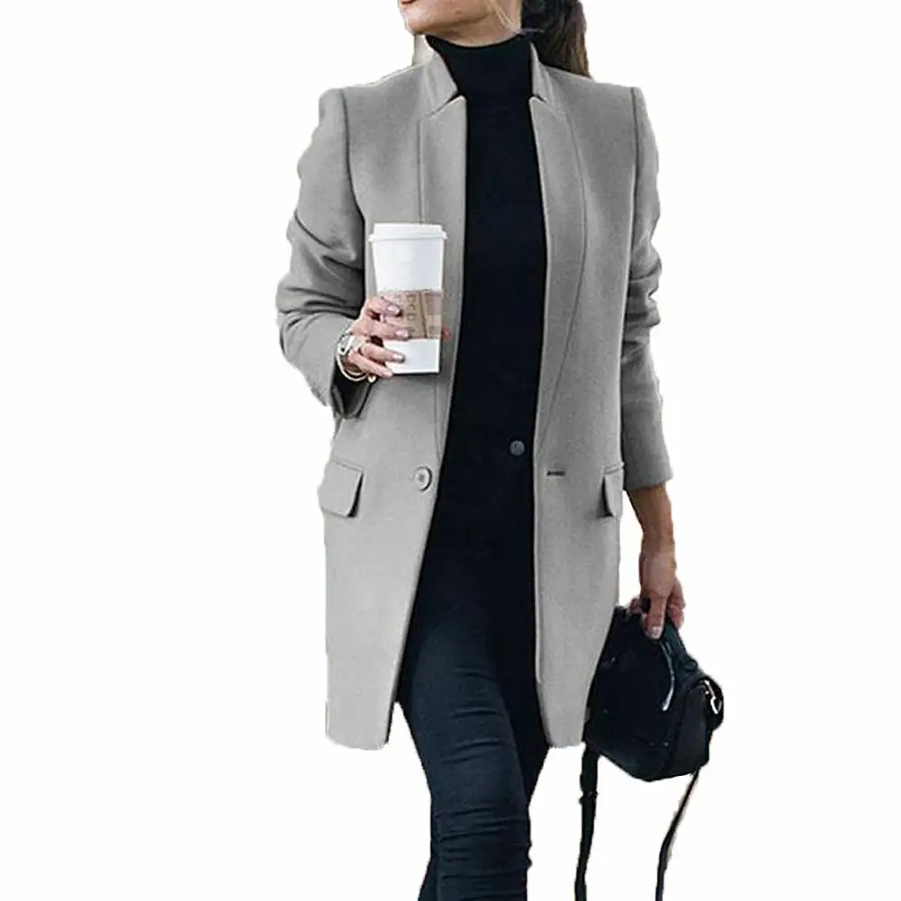 

2019 New Winter Office Lady Fashion Solid Color Stand Collar Trench Coat Long Outwear