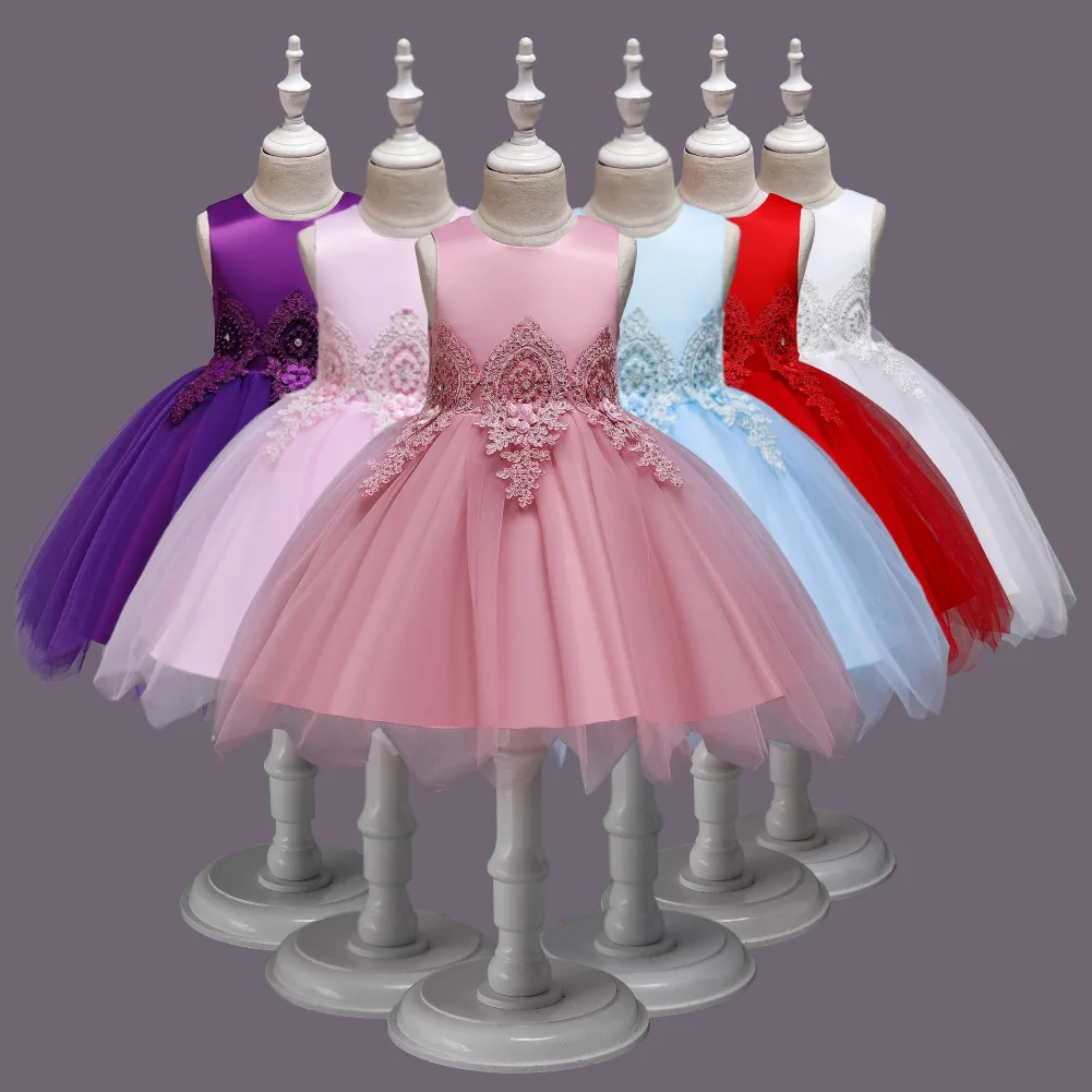 

2019 Fashion Children Clothing Girls Lace Elegant Princess Wedding Dress Appliques Bow Sleeveless Knee-Length Dress