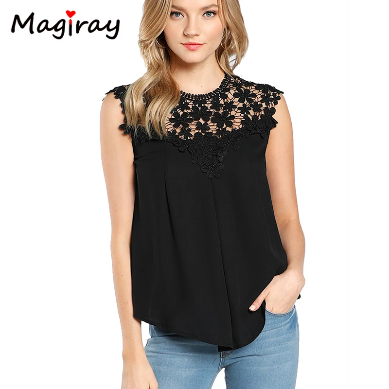 

magriay hollow out flower lace patchwork chiffon blouse women korean style shirt sleeveless elegant top feminina pink tunic c383