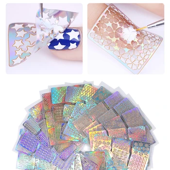 

12 Sheets Nail Vinyls Laser Hollow Stencil Stickers Transfer Guide Template Heart Star Fish Nail Art Decoration