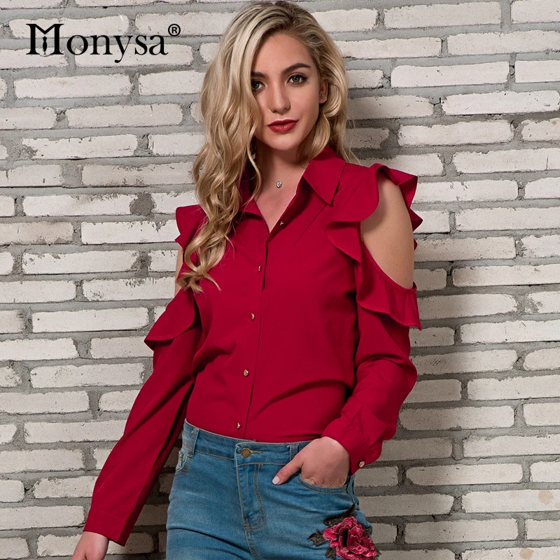 Cold Shoulder Tops  Women 2018 Autumn New Arrivals Fashion Ruffle Long Sleeeve Shirts Ladies Casual Chiffon Blouses Red White