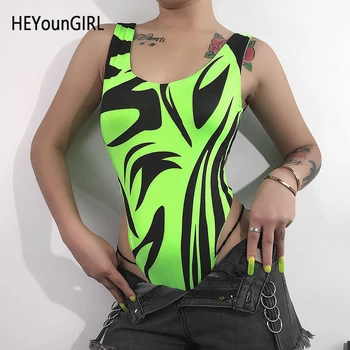 

HEYounGIRL Neon Green Sexy Bodysuit Women Zebra Animal Print Backless Woman Body Top Sleeveless High Ladies Jumpsuit Summer