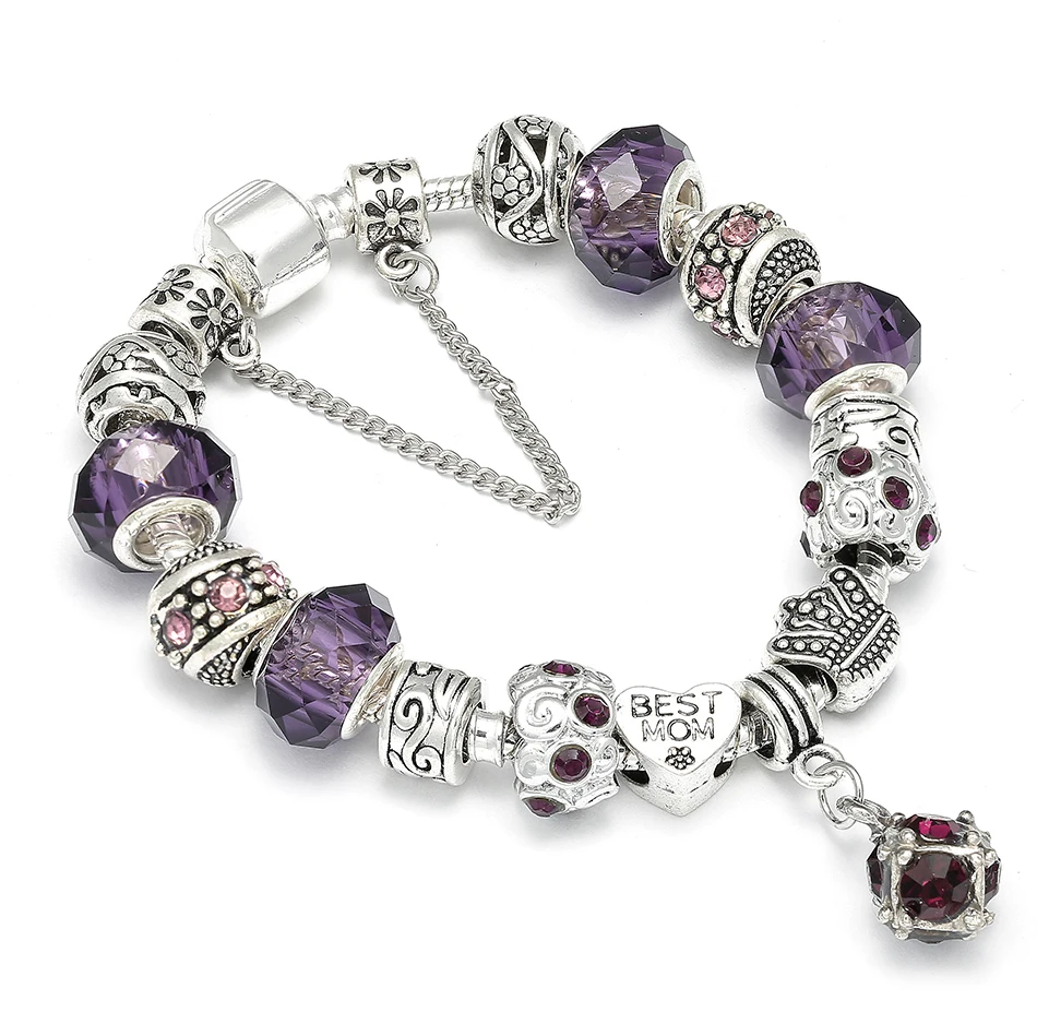 

European Style Silver Plated Charm Bracelet with Purple Crystal Ball Pandora Bracelet For Mom Best Gift Fit Women DIY Jewelry
