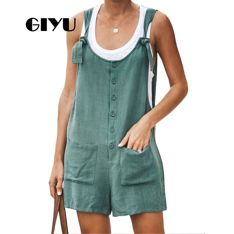 

GIYU 3XL Solid Tie Up Short Jumpsuits Pocket Women Cotton Strap Overalls with Buttons Loose Line Romper 2019