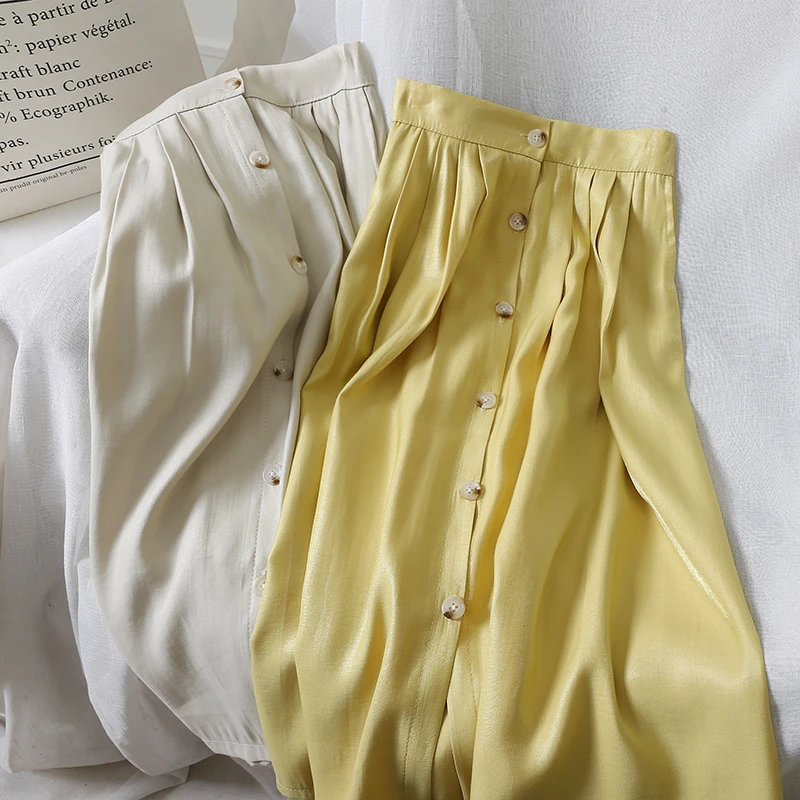 

Obrix 2019 Light Summer Female Cotton Skirt High Elastic Waist Solid Color Button Covered A-Line Skirt For Women