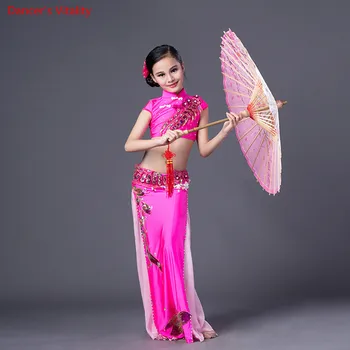 

Professional Girls Belly Dance Costume 2 Piece Set Kids Short Sleeve Shirt+Long skirt Spandex Skirt Design Cheongsam Belly Dance
