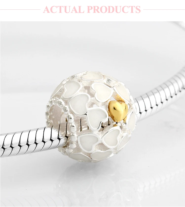 Модный 925 пробы Серебряный драматический белый эмалированный позолоченный браслет с сердечком, очаровательный браслет Pandora для изготовления ювелирных изделий