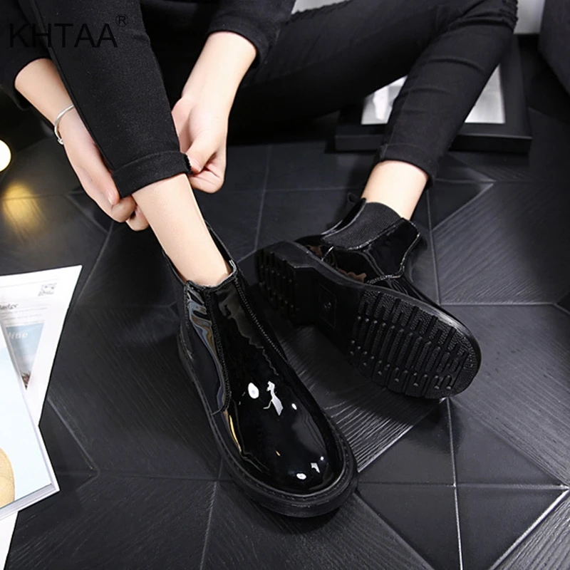 

Platform Low Heel Women Ankle Boots Ladies Black Patent Leather Elastic Band Chelsea Boots Female Casual 2018 Fashion Shoes