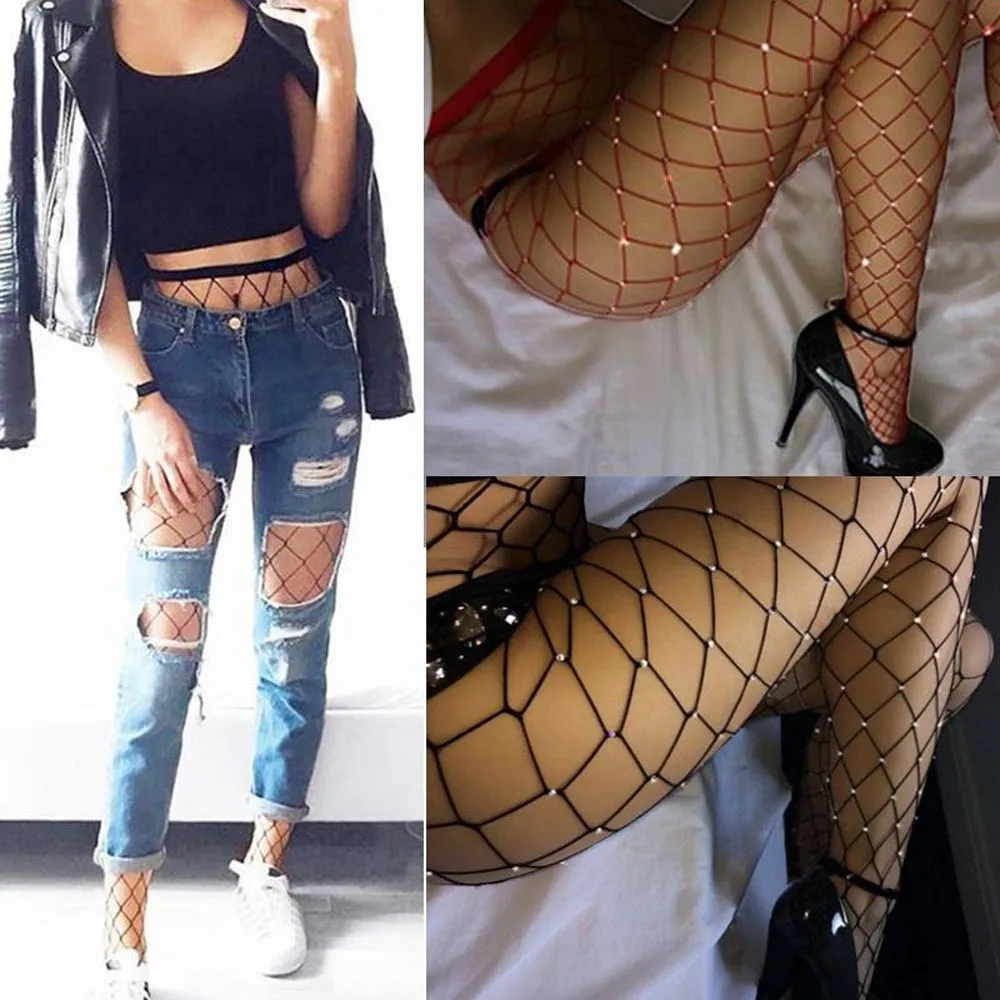 

2019 Hot sale Women Crystal Rhinestone Fishnet Elastic Stockings Big Fish Net Tights Pantyhose 3.6