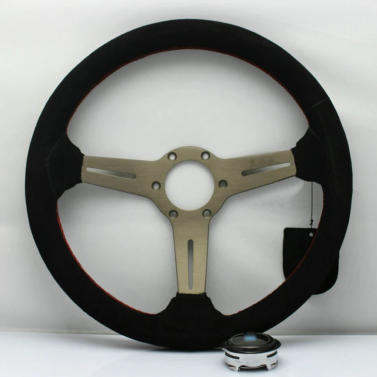 

New Universal Sport 13067A/350mm Suede Leather Deep Dish Steering Wheel Red Lines