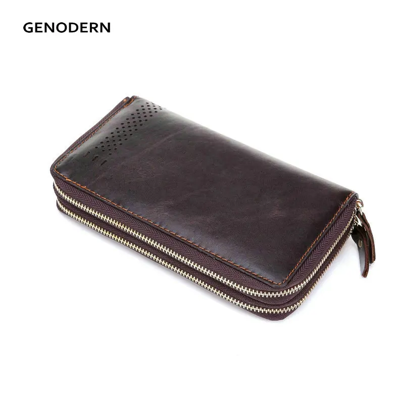2016 Double Zipper Genuine Leather Men's Clutch Wallet Vintage Long Purse for Male Leather Clutch Bag for Business Man