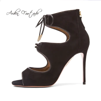 

Arden Furtado 2018 women's shoes stilettos heels black suede fashion hollow out summer boots fashion shoes high heels sandals