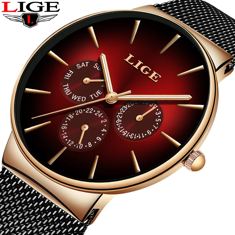 

2019 LIGE Casual Mesh Belt Fashion Quartz Gold Watch Mens Watches Top Brand Luxury M n Sport Waterproof Clock Relogio Masculino