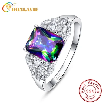 

BONLAVIE 3ct Sparkling Rainbow Topaz Rings Genuine 925 Sterling Silver Jewelry For Wedding Party Micro Pave Finger Ring 6 7 8 9