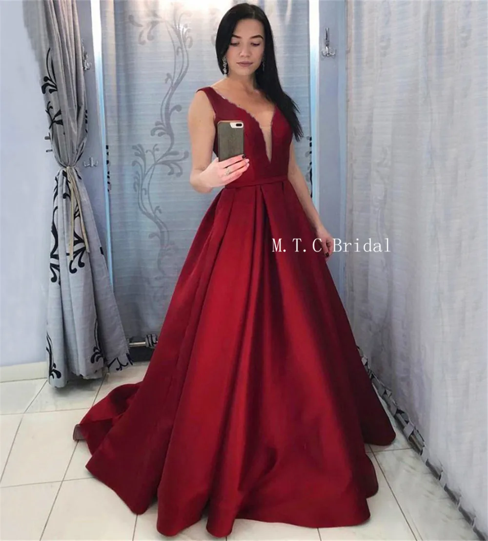 

Elegant Burgundy Satin Long Formal Evening Dress V Neck A Line Sweep Train Custom Made Prom Gowns 2019 Hot Selling Women Dresses