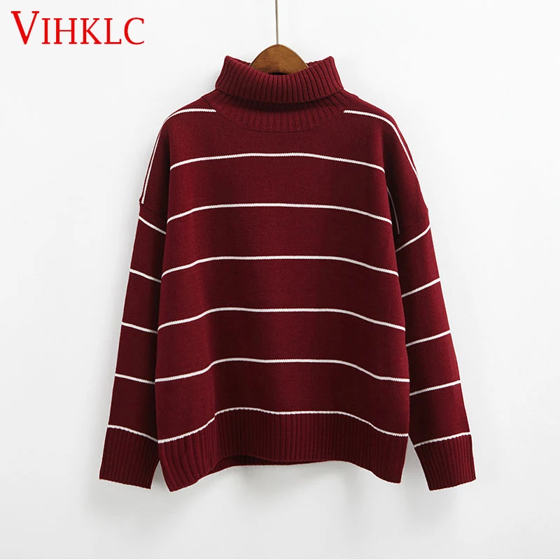 

2018 New Arrival Women Casual Pullovers Sweaters Knitted Sweater Autumn Loose Striped Turtleneck Sweaters 6 Colors B118