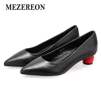 

MEZEREON Women Pump Pointed Toe Shoes Woman Sexy Round Heels Genuine Leather Ol Shoes Elegant Pumps Fashion Med Heel Ladies Shoe