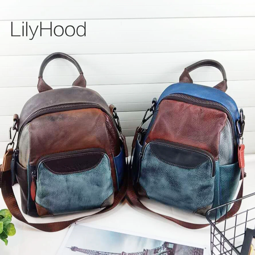 

Cowhide Brushed-off Leather Small Backpack Genuine Leather Vintage Style Bagpack for School Teenager Daily Multicolor Book Bag