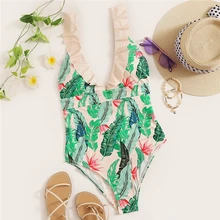 Romwe, спортивный тропический купальник с оборками, на шнуровке, с открытой спиной, с глубоким вырезом, слитный купальник для женщин, летний, Boho, сексуальный, пляжный купальник Монокини