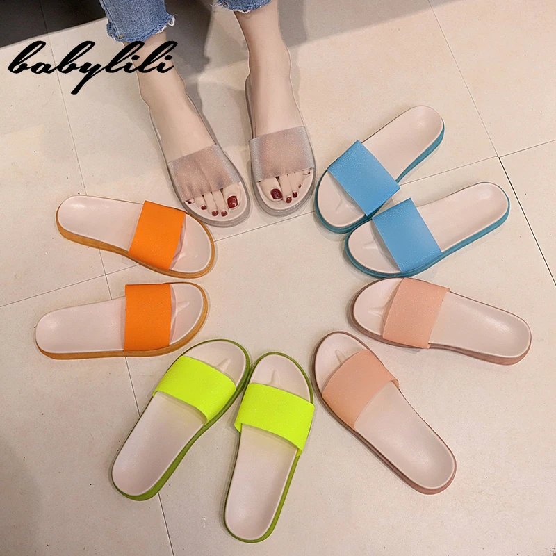 

Summer Women Slippers Jelly Sandals Flat Slippers Open Toe Slides Non Slip Platform Flip Flop Fashion Casual Yellow Beach Shoe