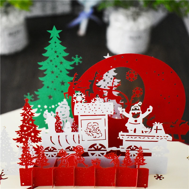 10 упаковок Рождественская открытка Рождество всплывающие карты с наклейки на конверте лазерная резка Новогодние поздравительные открытки подарки ручной работы