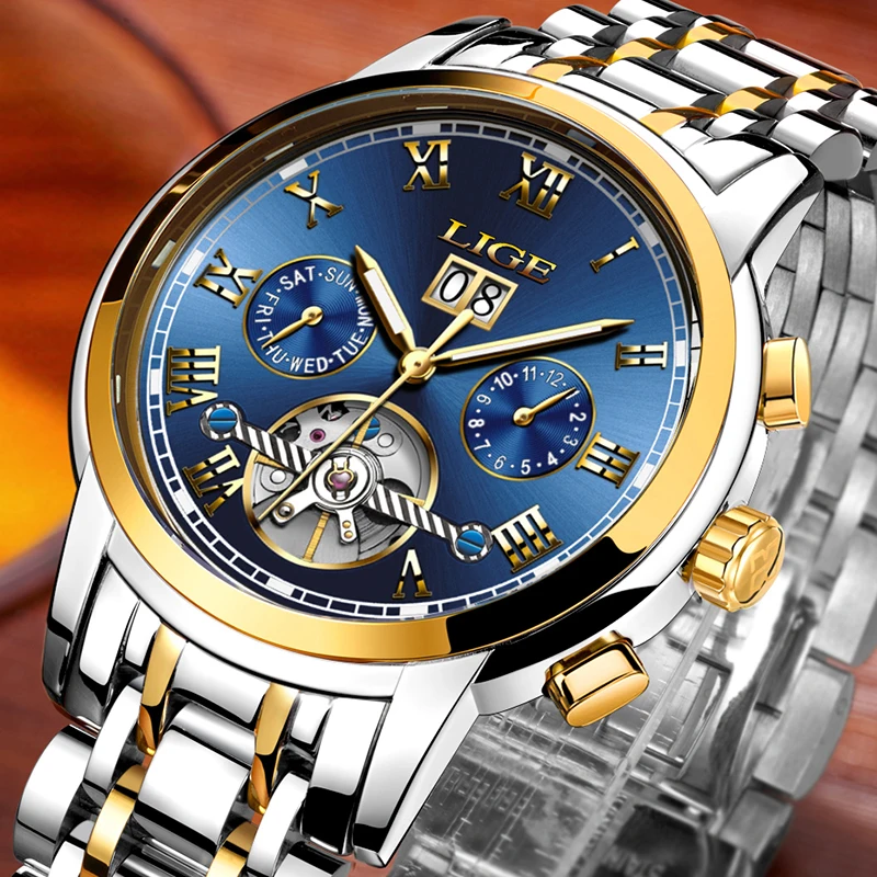LIGE Mens Business Mechanical Watches Men's Brand Luxury Waterproof Automatic Watch Men All Steel Date Week Tourbillon Clock+Box