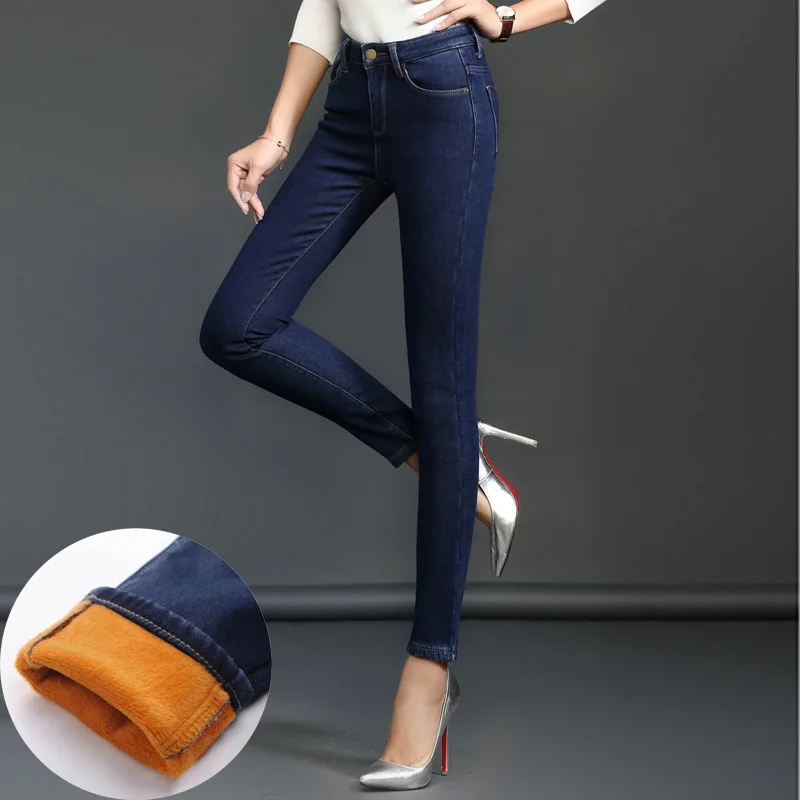 Autumn Winter Mom Jeans Woman High Waist Elastic Thicken Warm Jeans Plus Size Long Trousers Korean Slim Pencil Denim Pants