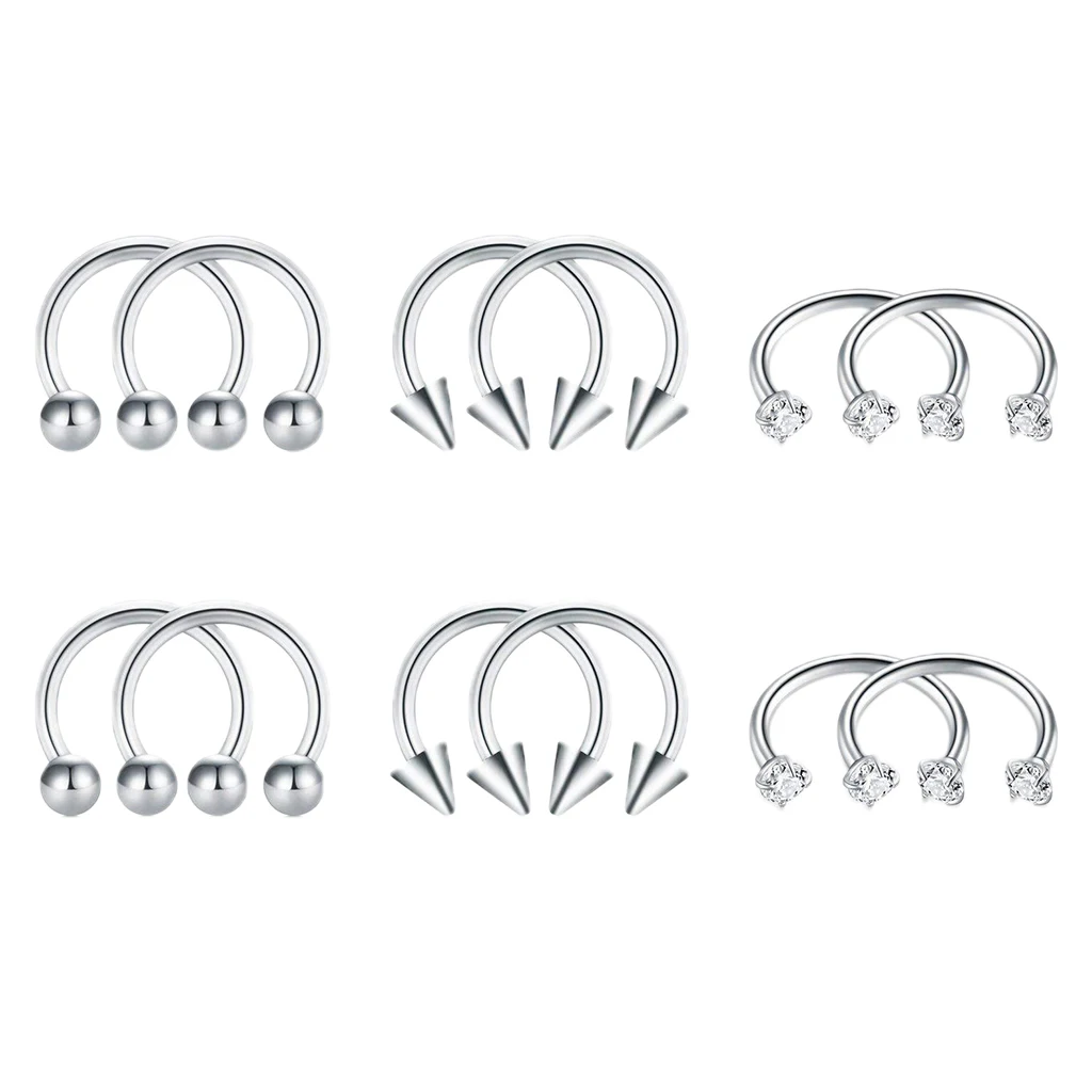 6 Pairs Stainless Steel Horseshoe Lip Nose Ring Ear Stud Piercing Jewelry 16g