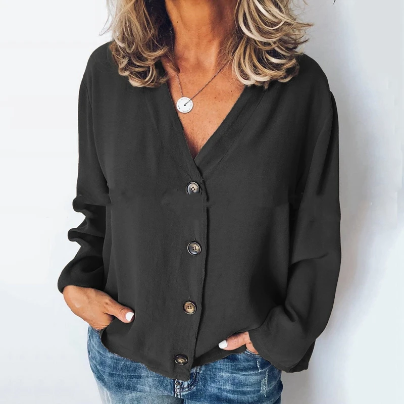 SFIT женская летняя однотонная блузка с длинным рукавом, женская рубашка на пуговицах, топ размера плюс, Повседневная Свободная блузка с v-образным вырезом и длинным рукавом
