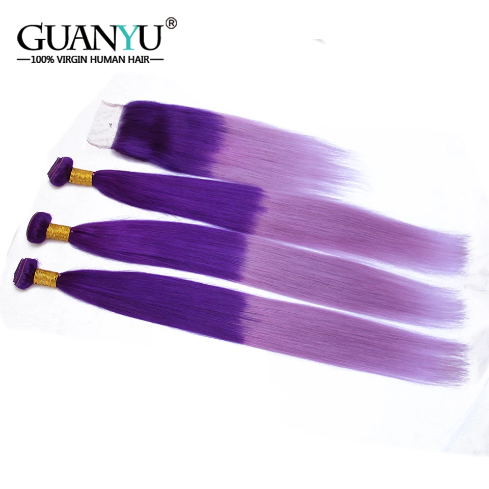 Guanyuhair светло-фиолетовый перуанский Ombre Hair 3 Связки с 4X4 кружева застежка фиолетовый цвет прямо Реми натуральные волосы ткет