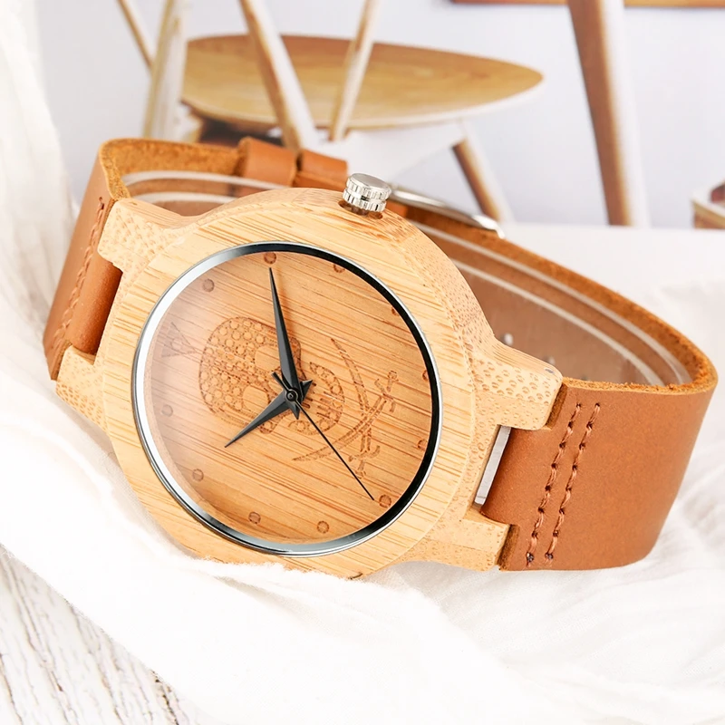 Natural Wood Watches Mens Skull Pirate Steampunk Wrist Watch Men's Watch Pure Bamboo Handmade Quartz Brown Genuine Leather Clock 2019 2020 (4)