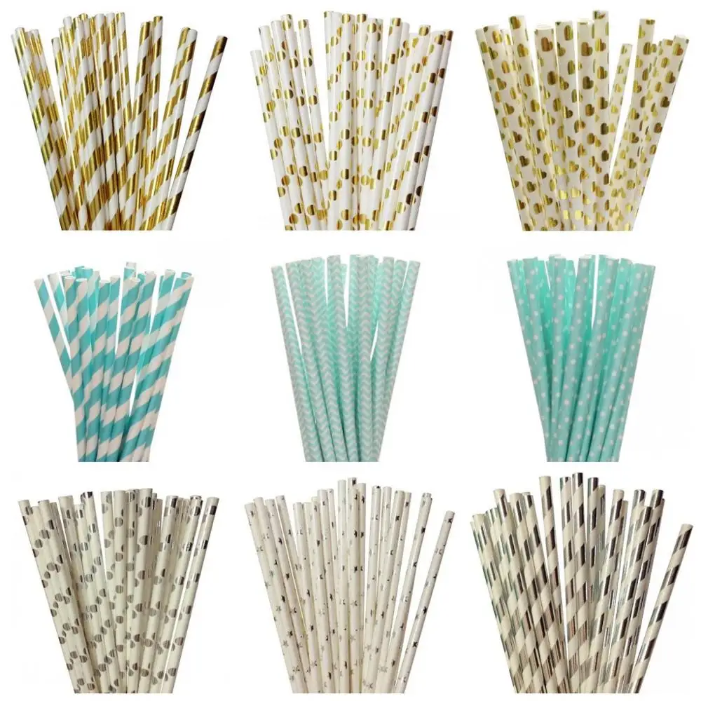 

25pcs/lot Foil Gold/Silver Blue Paper Straws For Kids Birthday Valentines Wedding Decorative Mickey Flag Event Party Supplies